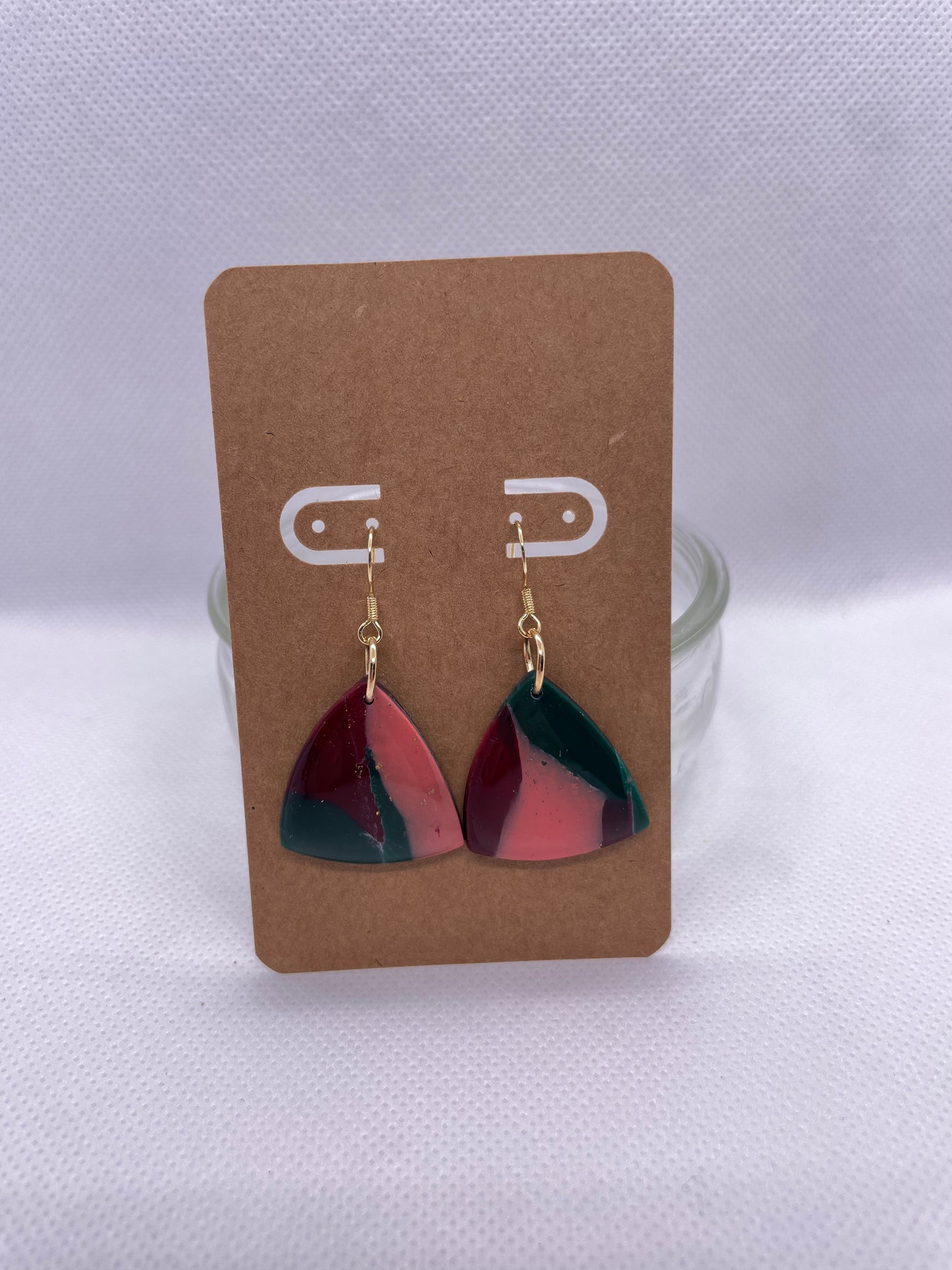 Organic Triangle Dangle - emerald, pink, and maroon